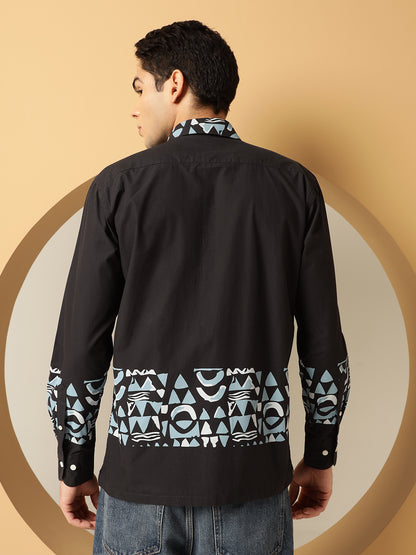 Men's Blue Geometric Print Black Cotton Shirt