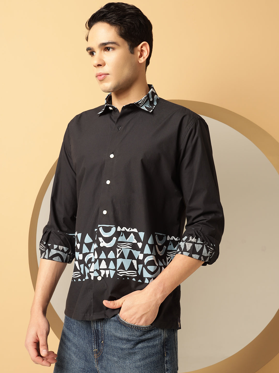 Men's Blue Geometric Print Black Cotton Shirt
