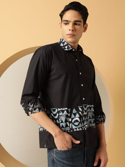 Men's Blue Geometric Print Black Cotton Shirt