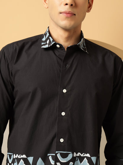 Men's Blue Geometric Print Black Cotton Shirt