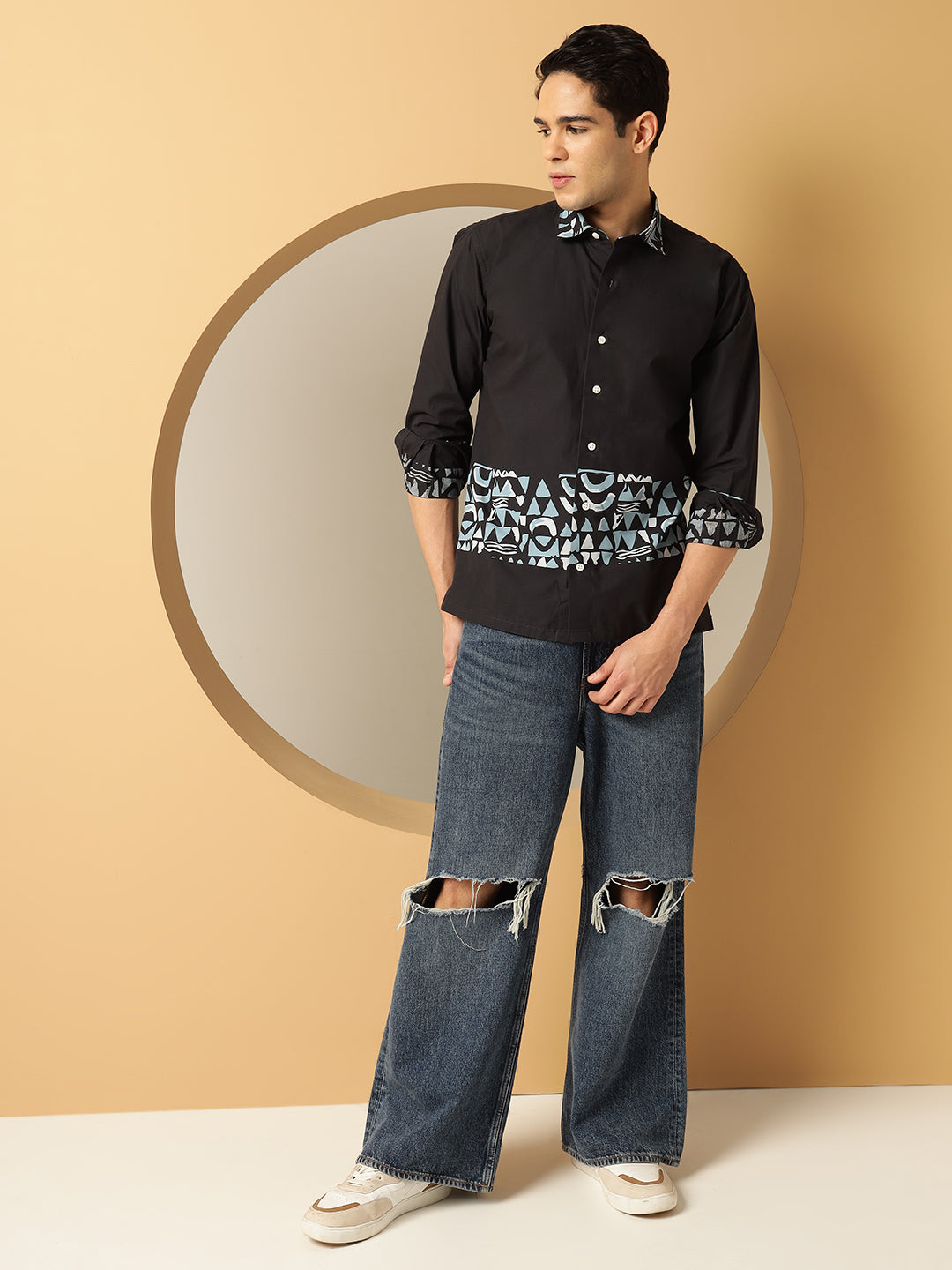 Men's Blue Geometric Print Black Cotton Shirt