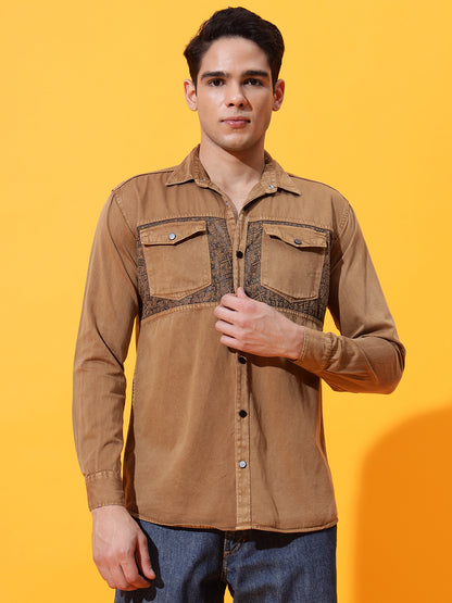 DOUBLE POCKET CHEST PRINTED COTTON RFD BROWN SHIRT