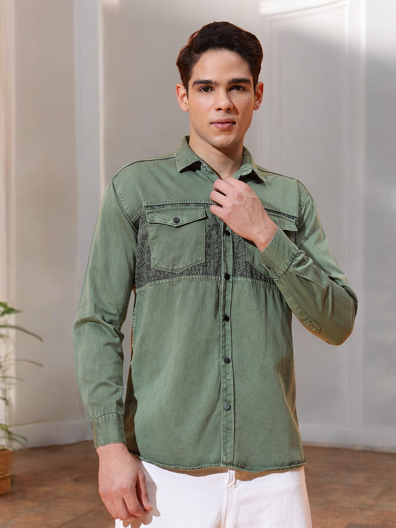 DOUBLE POCKET CHEST PRINTED COTTON RFD GREEN SHIRT