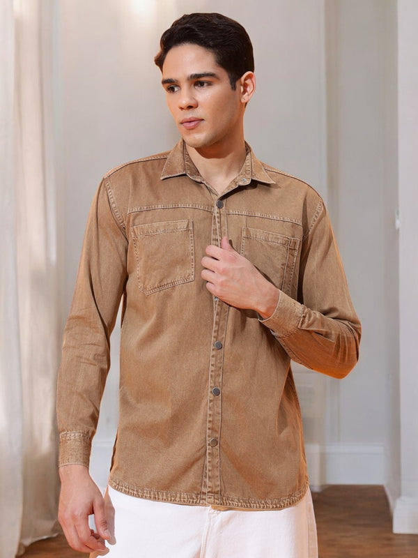 DOUBLE PATCH POCKET COTTON RFD CAMEL BROWN SHIRT