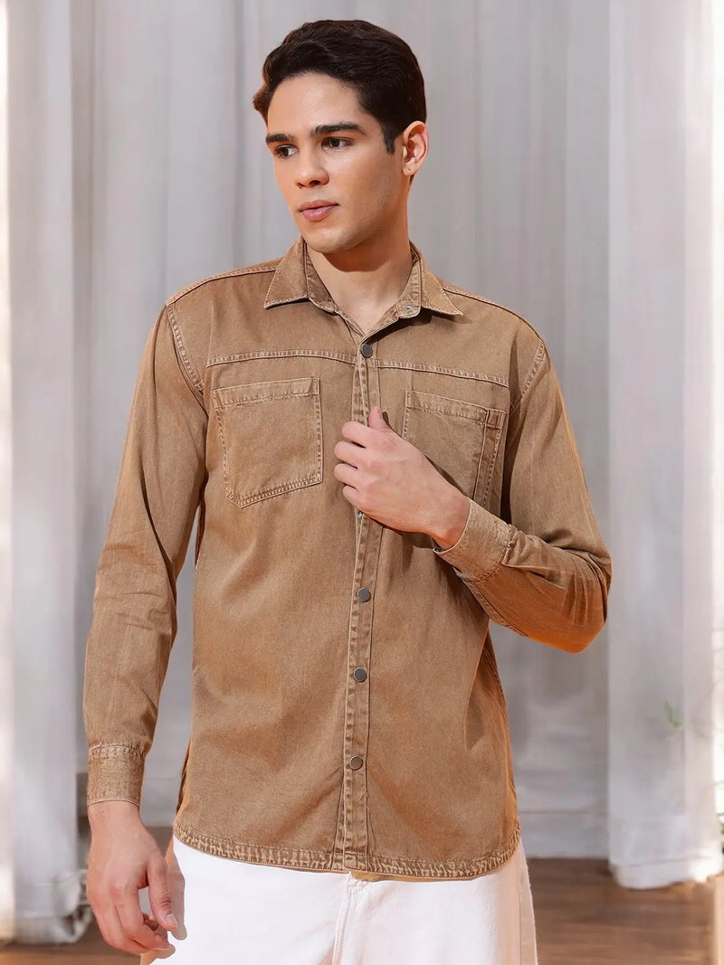 DOUBLE PATCH POCKET COTTON RFD CAMEL BROWN SHIRT