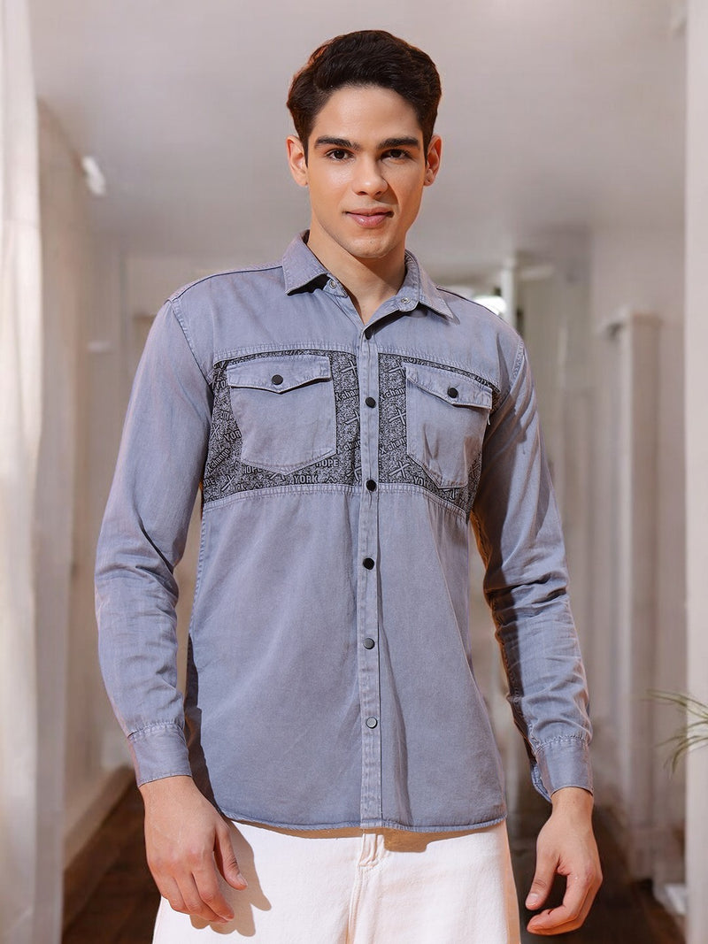 DOUBLE POCKET CHEST PRINTED COTTON RFD GREY SHIRT