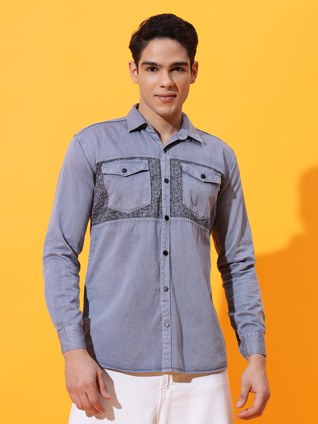 DOUBLE POCKET CHEST PRINTED COTTON RFD GREY SHIRT