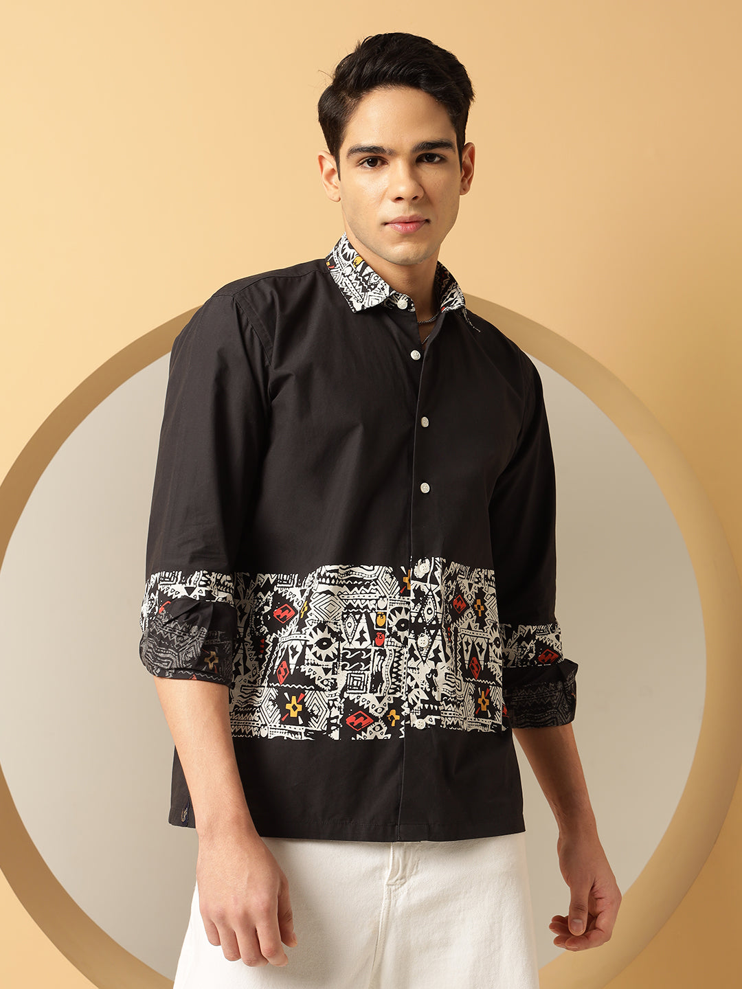 Men's White Geometric Print Black Cotton Shirt