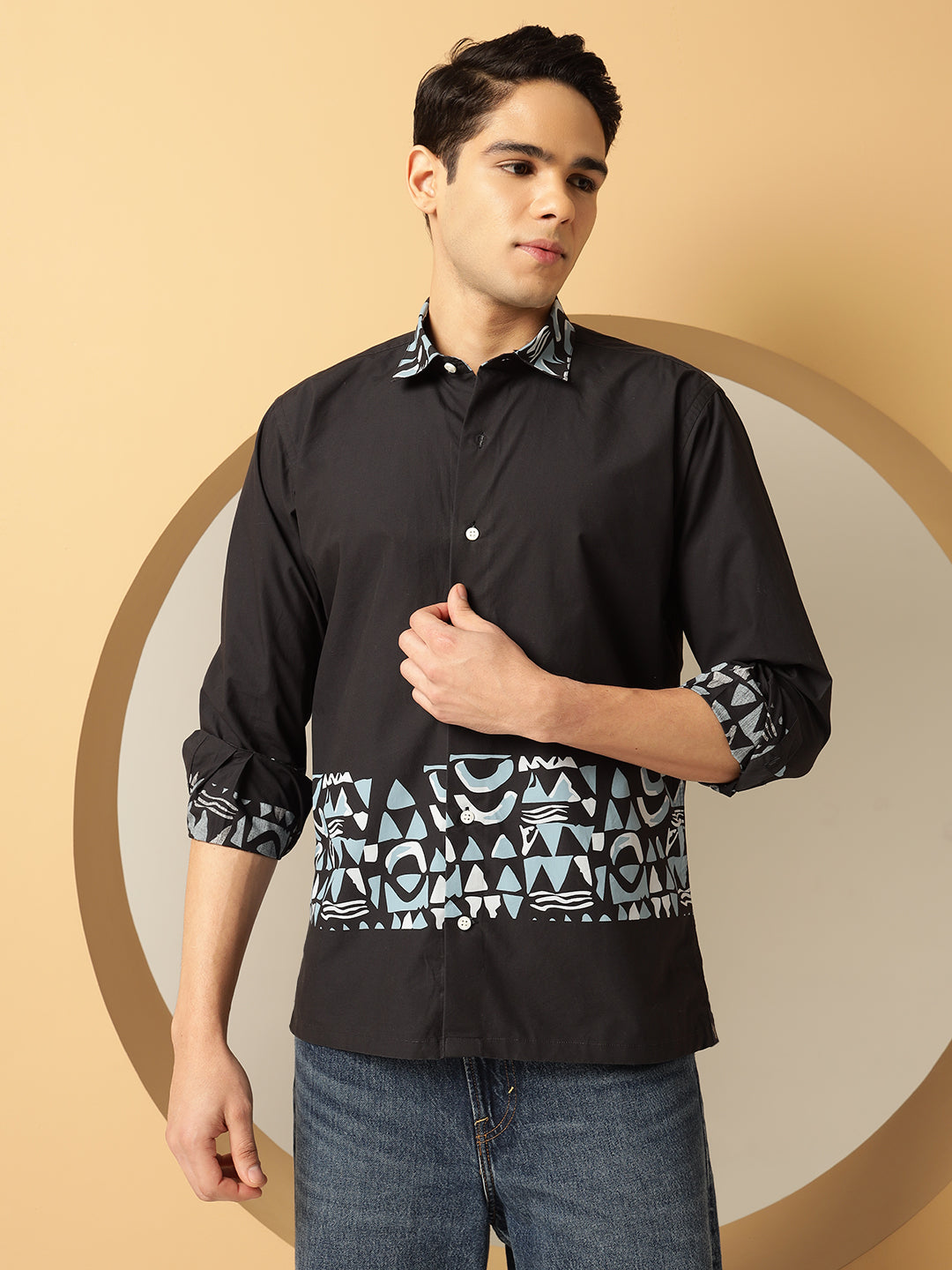 Men's Blue Geometric Print Black Cotton Shirt