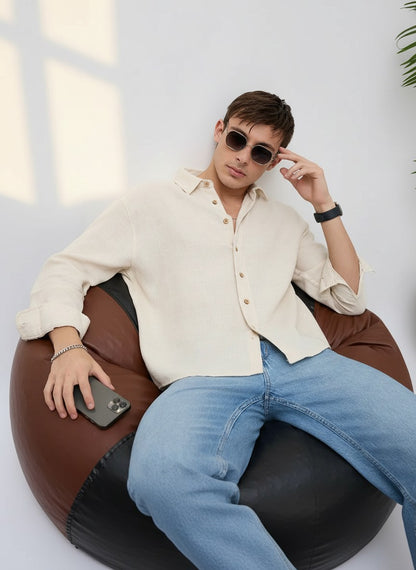 Men Linen Blend Boxy Fit Crop Beige Shirt