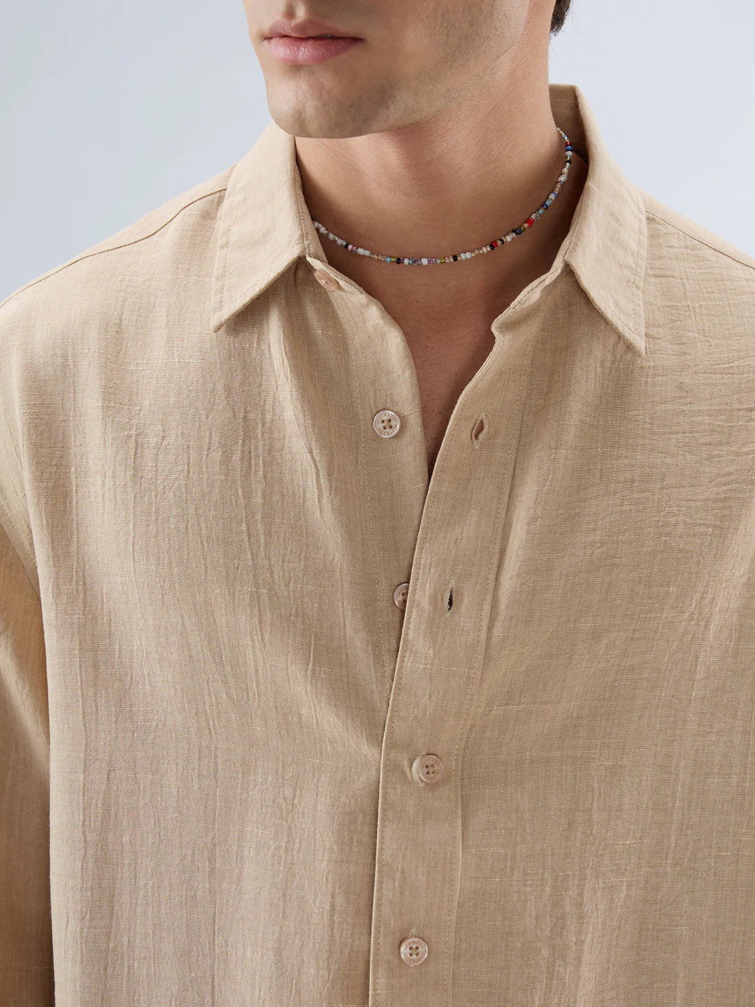 Men Textured Boxy Fit Crop Beige Shirt
