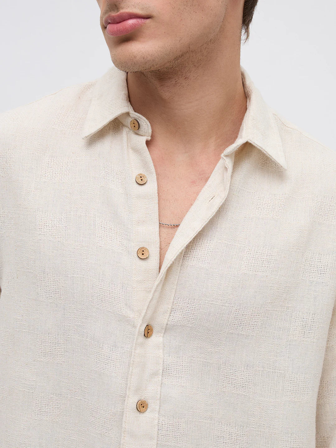 Men Linen Blend Boxy Fit Crop Beige Shirt