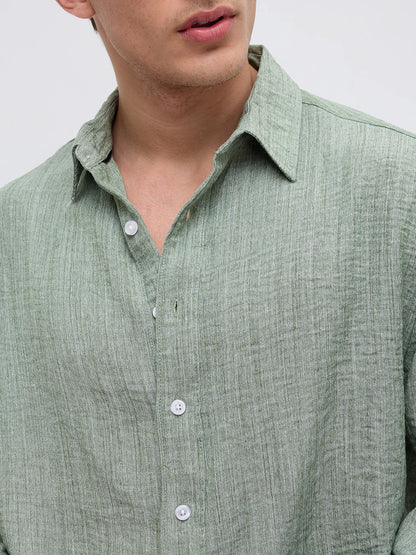 Men Textured Boxy Fit Crop Mint Green Shirt