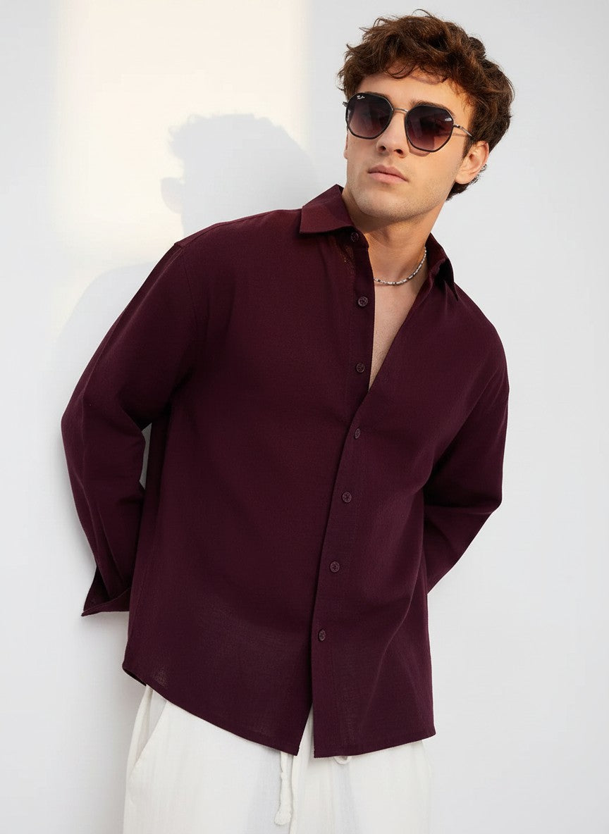 Men Weave Crop Boxy Fit Wine Shirt