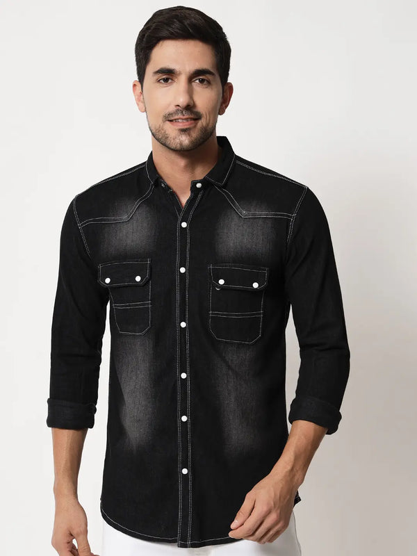DOUBLE POCKET BLACK DENIM SHIRT