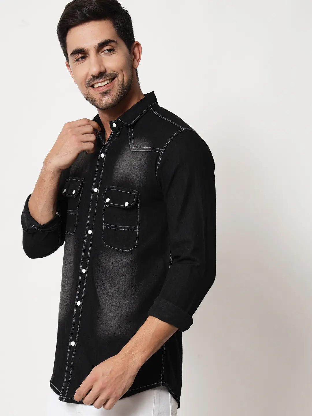 DOUBLE POCKET BLACK DENIM SHIRT