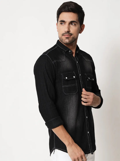 DOUBLE POCKET BLACK DENIM SHIRT
