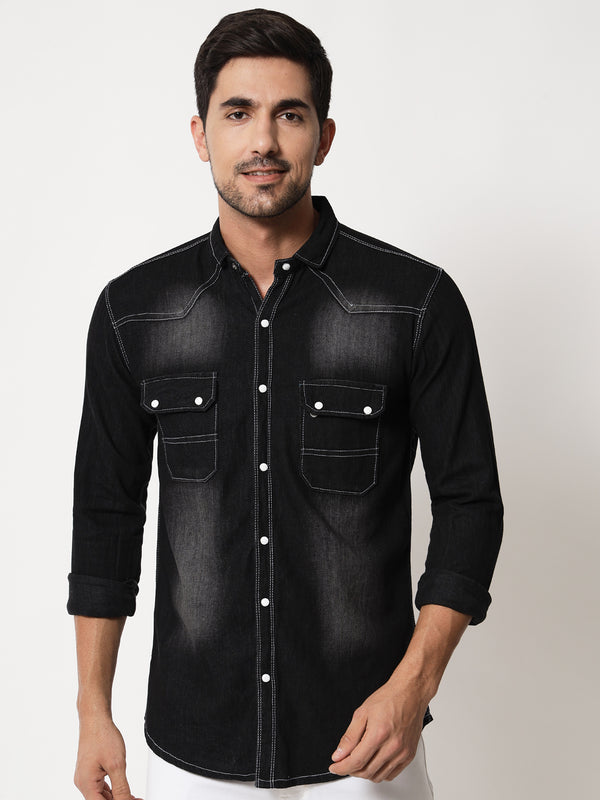 DOUBLE POCKET BLACK DENIM SHIRT