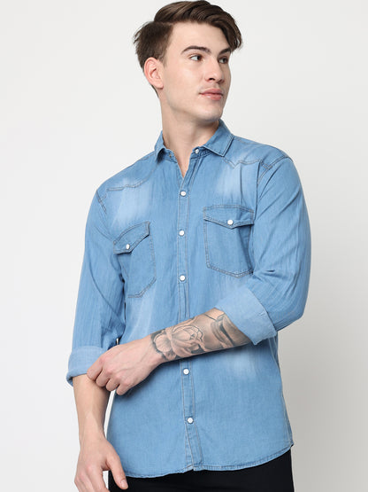 DOUBLE POCKET LIGHT BLUE DENIM SHIRT