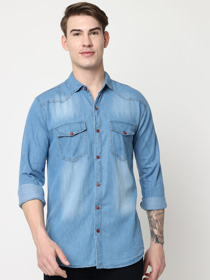 DOUBLE FLAP POCKET SPREAD COLLAR LIGHT BLUE DENIM SHIRT