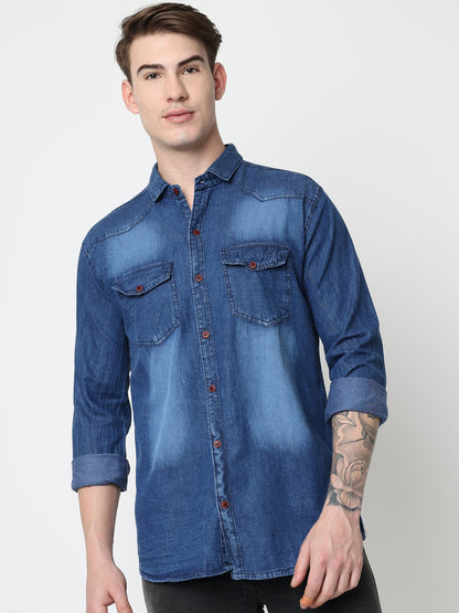 DOUBLE FLAP POCKET SPREAD COLLAR ACID BLUE DENIM SHIRT