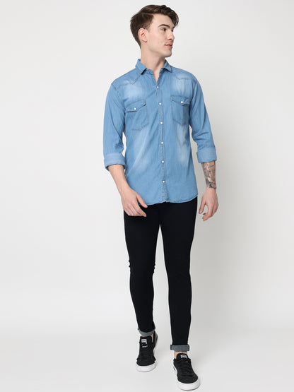 DOUBLE POCKET LIGHT BLUE DENIM SHIRT