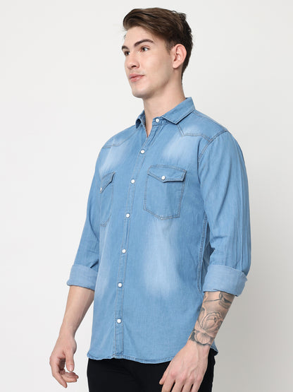 DOUBLE POCKET LIGHT BLUE DENIM SHIRT