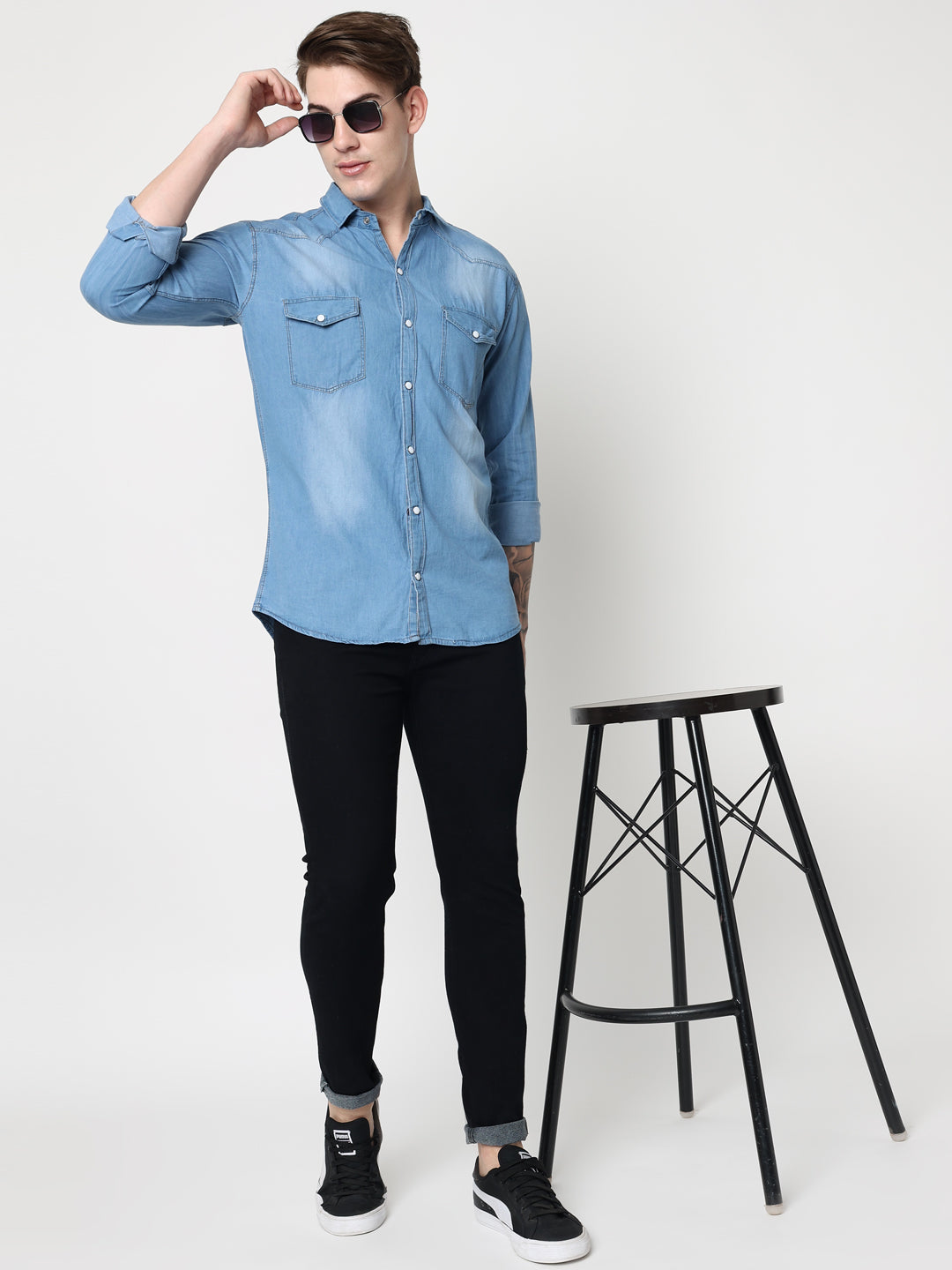 DOUBLE POCKET LIGHT BLUE DENIM SHIRT