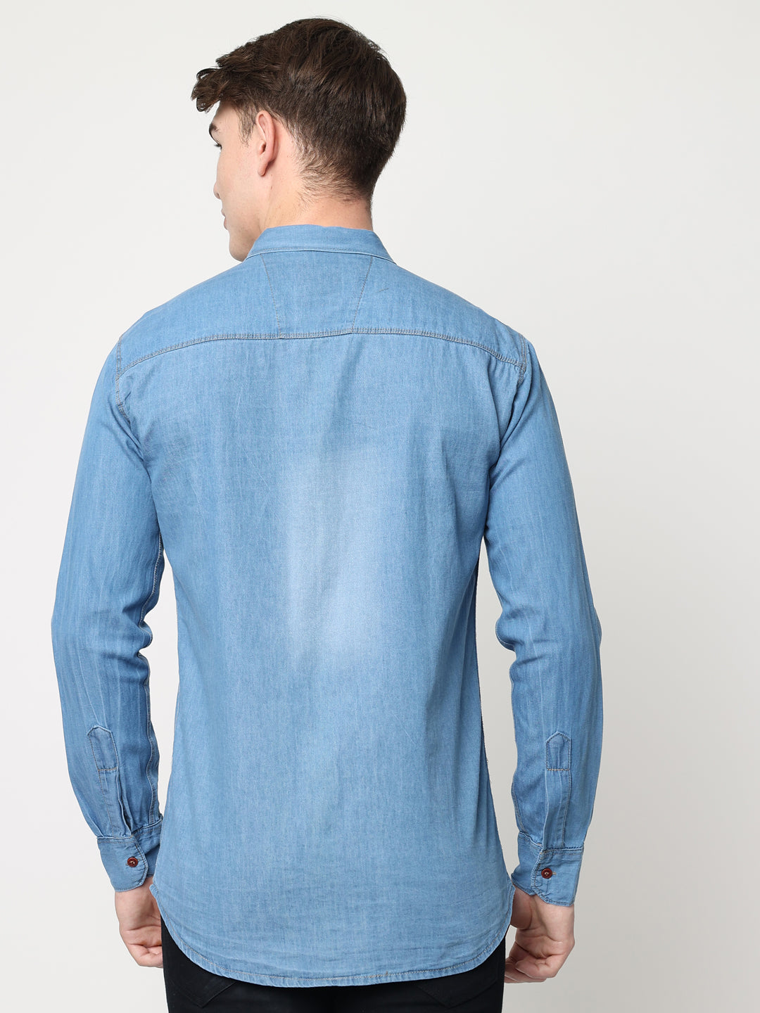 DOUBLE FLAP POCKET SPREAD COLLAR LIGHT BLUE DENIM SHIRT