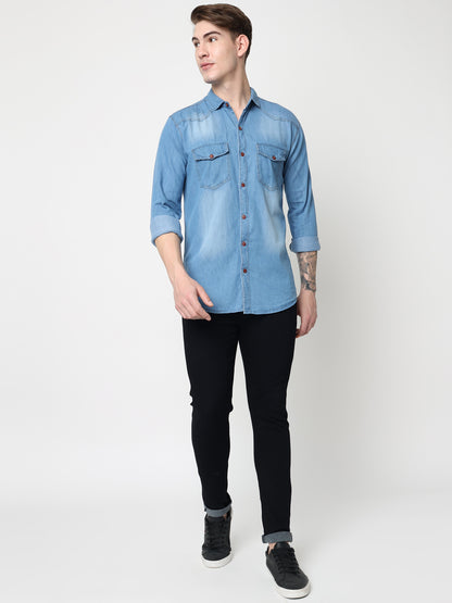 DOUBLE FLAP POCKET SPREAD COLLAR LIGHT BLUE DENIM SHIRT