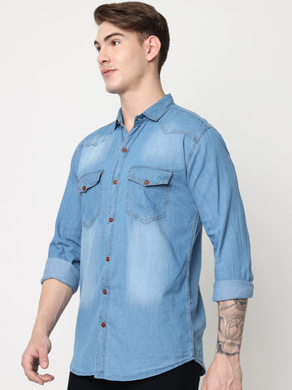 DOUBLE FLAP POCKET SPREAD COLLAR LIGHT BLUE DENIM SHIRT