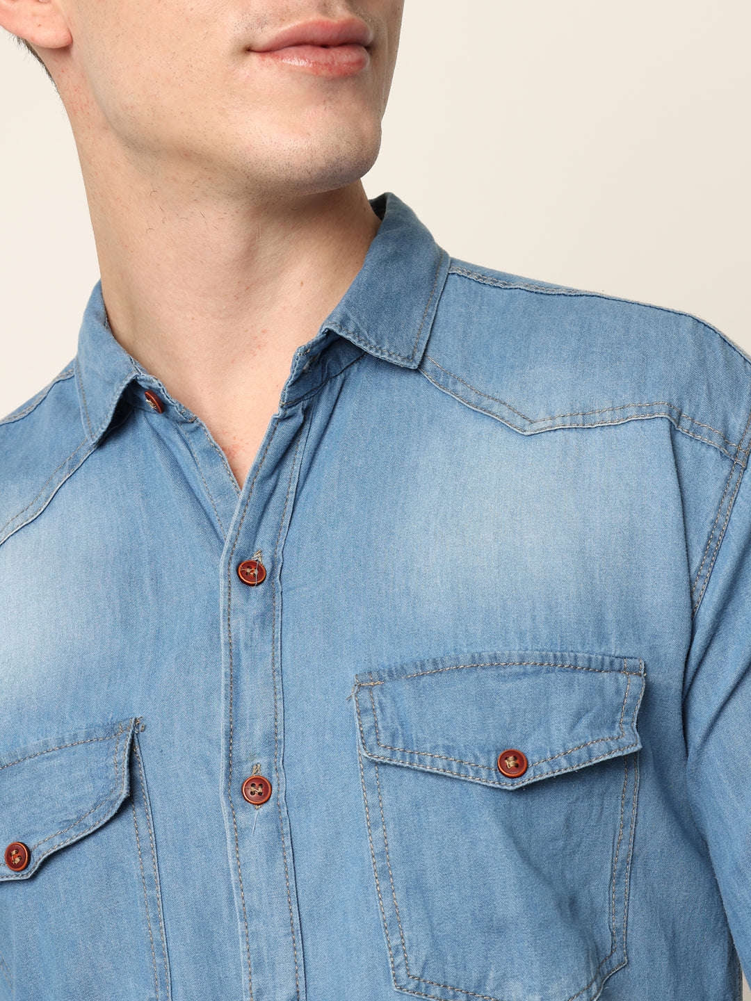 DOUBLE FLAP POCKET SPREAD COLLAR LIGHT BLUE DENIM SHIRT