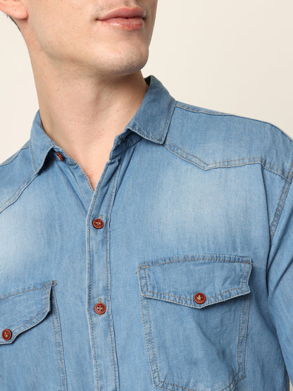 DOUBLE FLAP POCKET SPREAD COLLAR LIGHT BLUE DENIM SHIRT