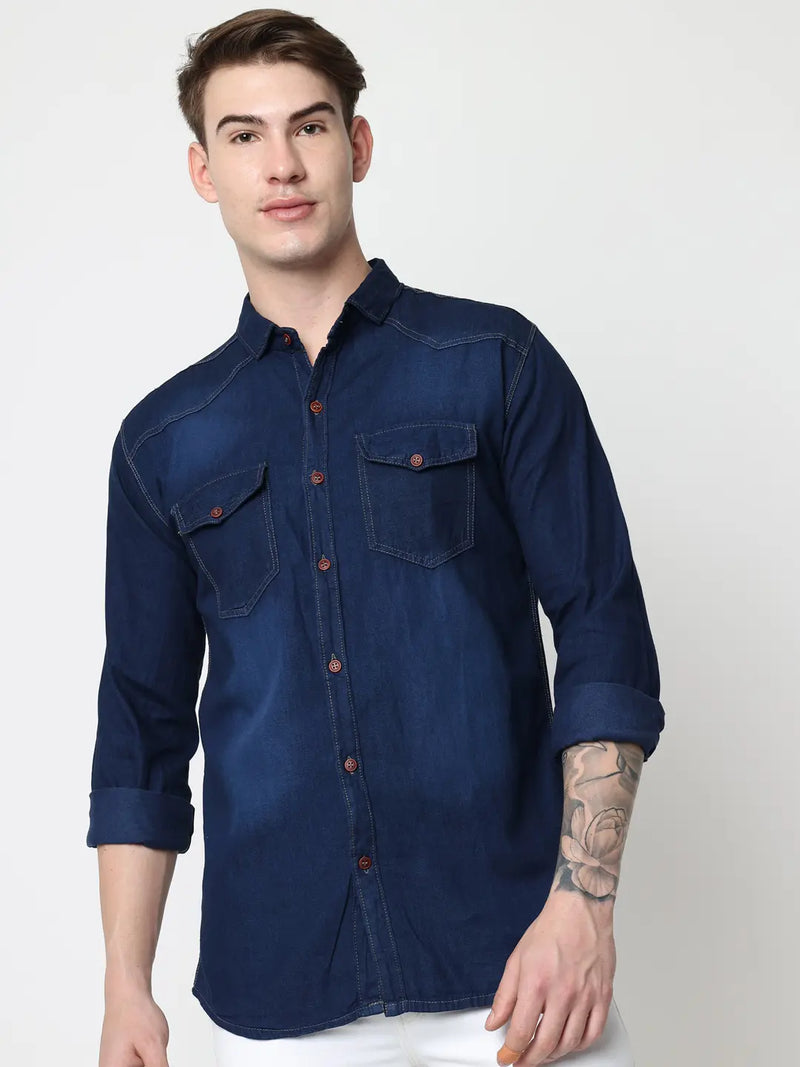 DOUBLE FLAP POCKET SPREAD COLLAR BLUE DENIM SHIRT