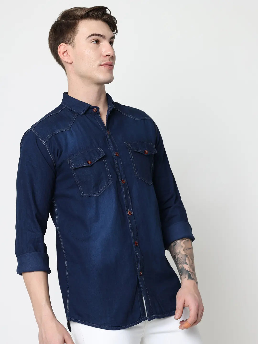 DOUBLE FLAP POCKET SPREAD COLLAR BLUE DENIM SHIRT