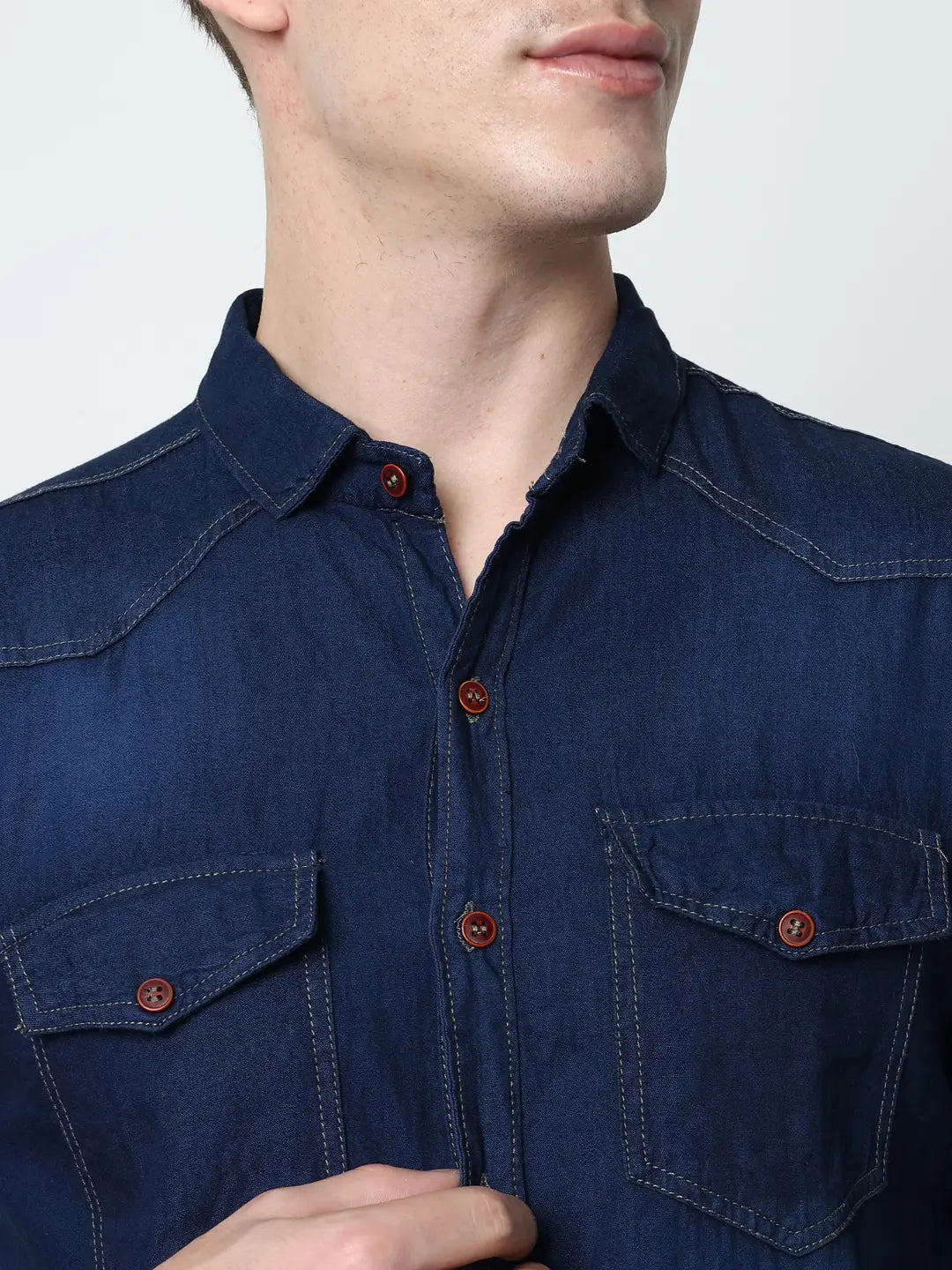 DOUBLE FLAP POCKET SPREAD COLLAR BLUE DENIM SHIRT