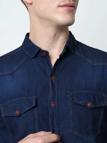 DOUBLE FLAP POCKET SPREAD COLLAR BLUE DENIM SHIRT