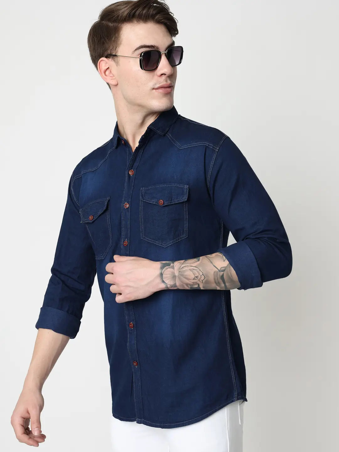 DOUBLE FLAP POCKET SPREAD COLLAR BLUE DENIM SHIRT