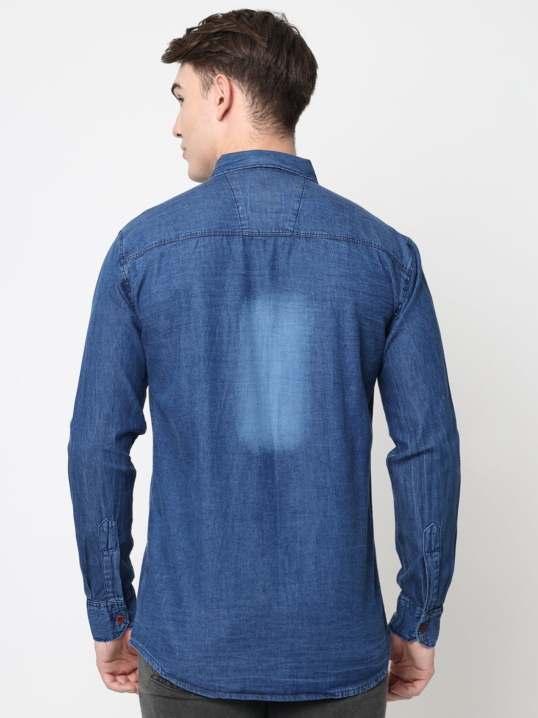 DOUBLE FLAP POCKET SPREAD COLLAR ACID BLUE DENIM SHIRT