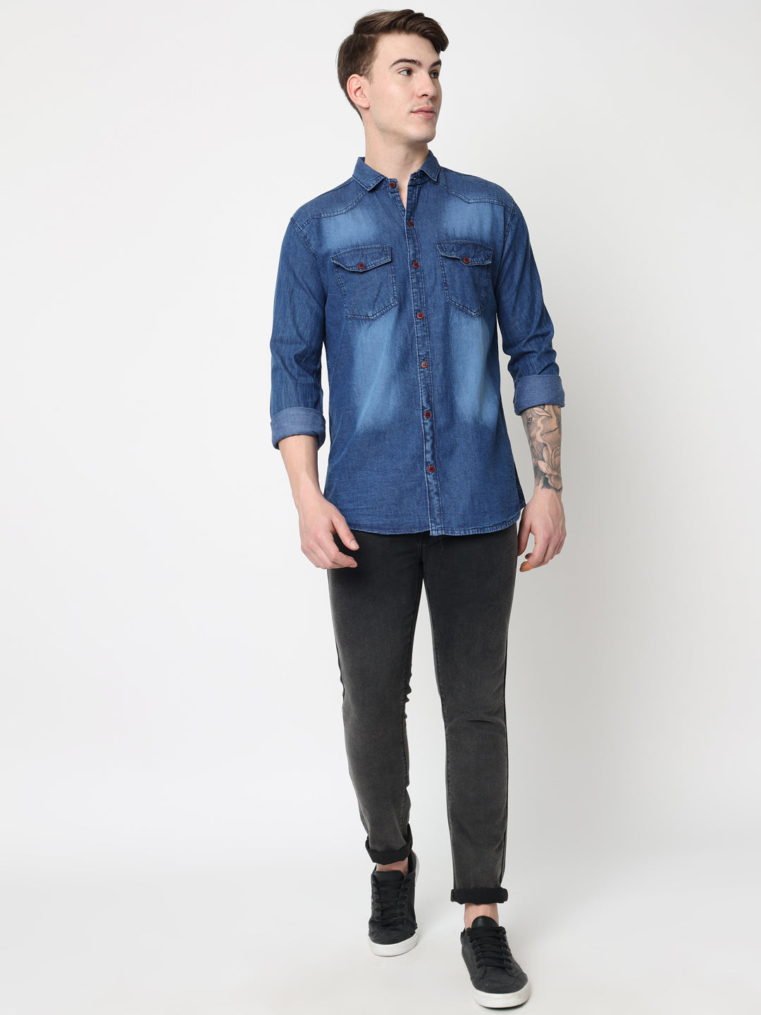 DOUBLE FLAP POCKET SPREAD COLLAR ACID BLUE DENIM SHIRT