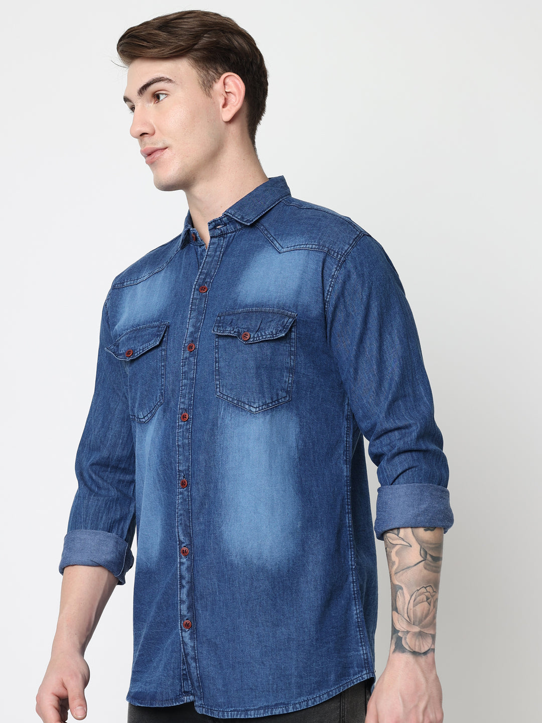 DOUBLE FLAP POCKET SPREAD COLLAR ACID BLUE DENIM SHIRT