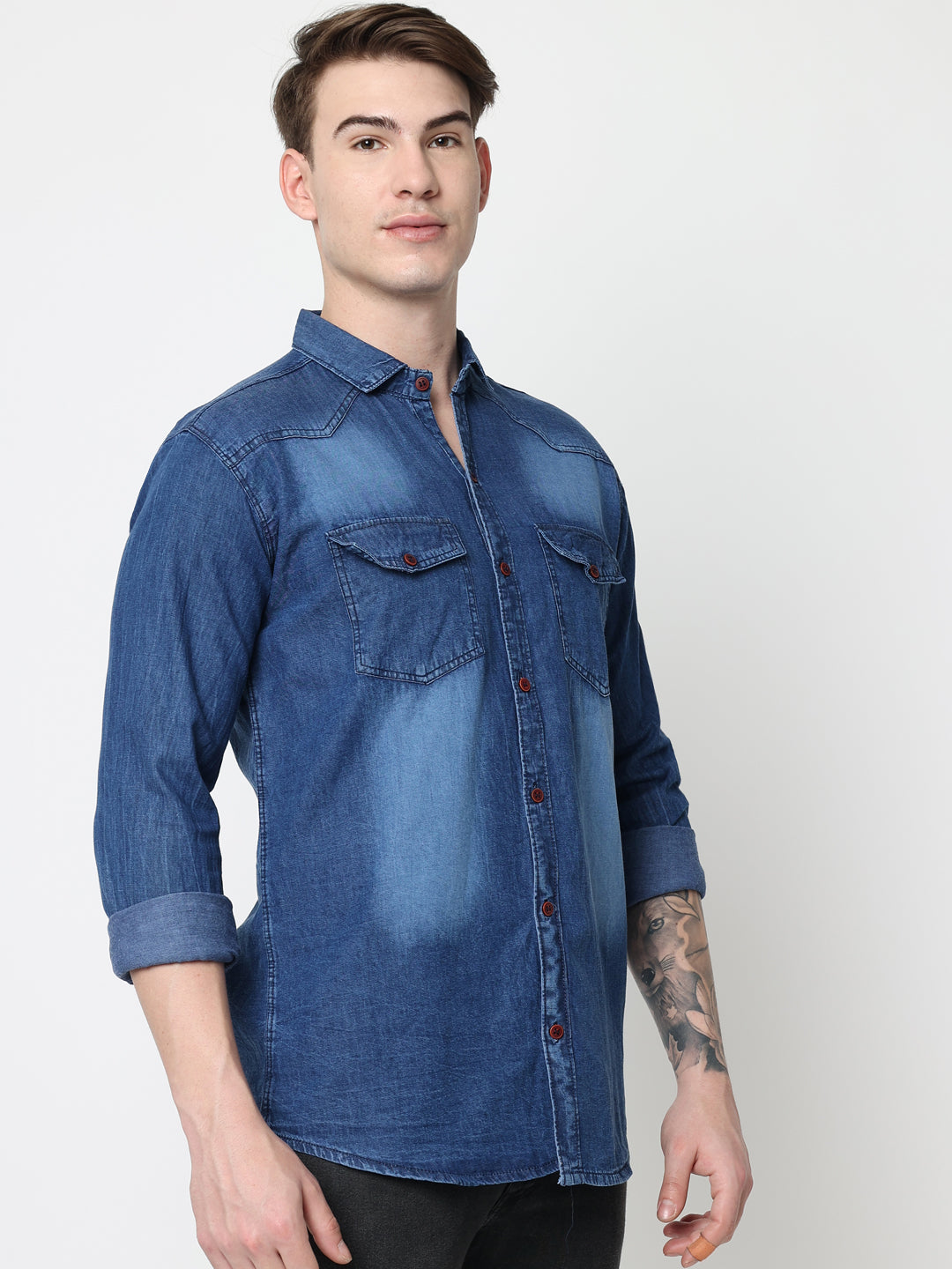 DOUBLE FLAP POCKET SPREAD COLLAR ACID BLUE DENIM SHIRT