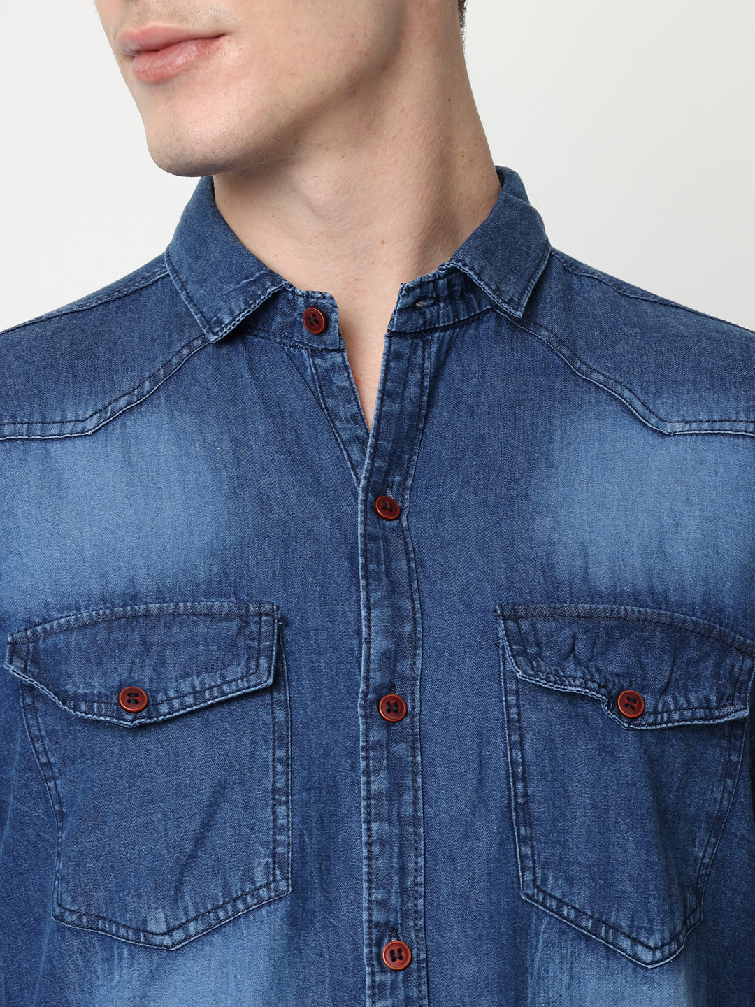 DOUBLE FLAP POCKET SPREAD COLLAR ACID BLUE DENIM SHIRT