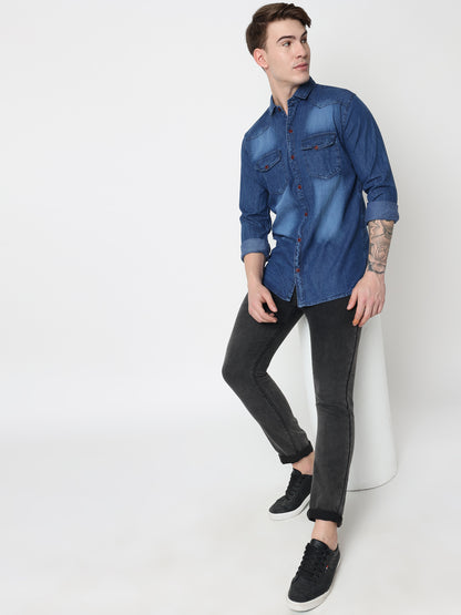 DOUBLE FLAP POCKET SPREAD COLLAR ACID BLUE DENIM SHIRT