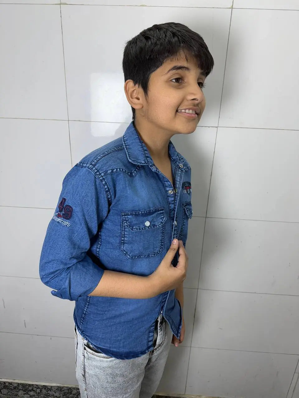 Boys Printed Double Pocket Acid Wash Denim Shirt