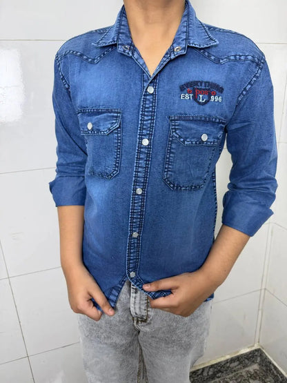 Boys Printed Double Pocket Acid Wash Denim Shirt