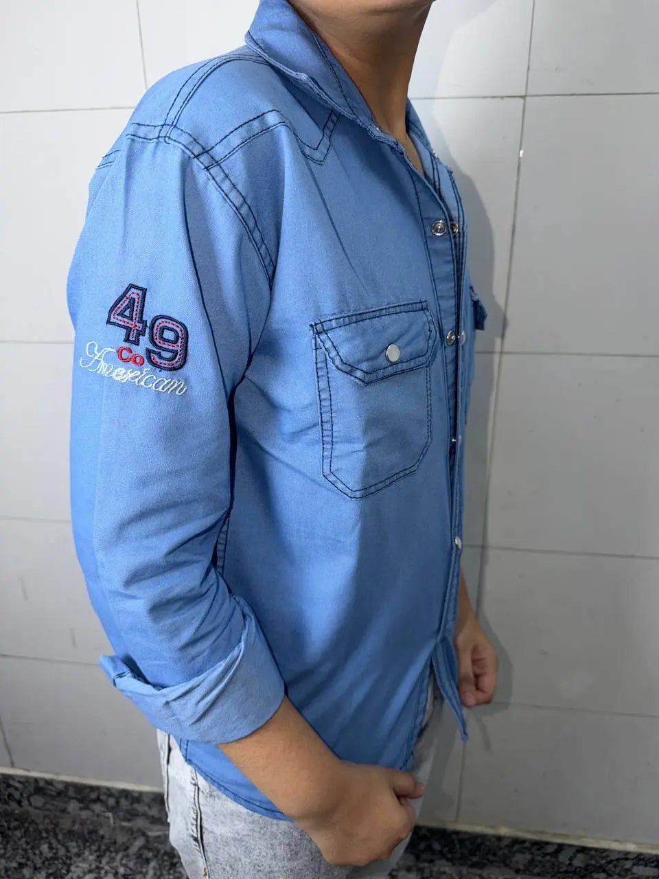 Boys Printed Double Pocket Light Blue Denim Shirt