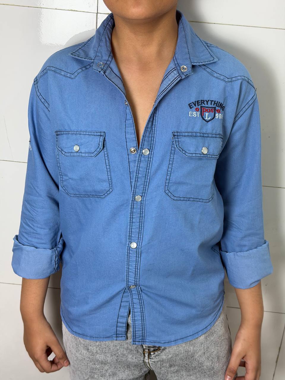 Boys Printed Double Pocket Light Blue Denim Shirt
