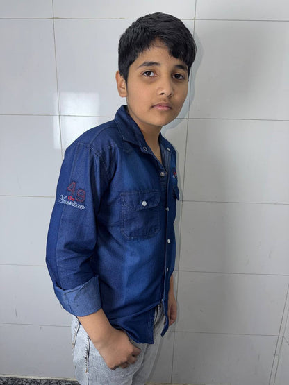 Boys Printed Double Pocket Dark Blue Denim Shirt