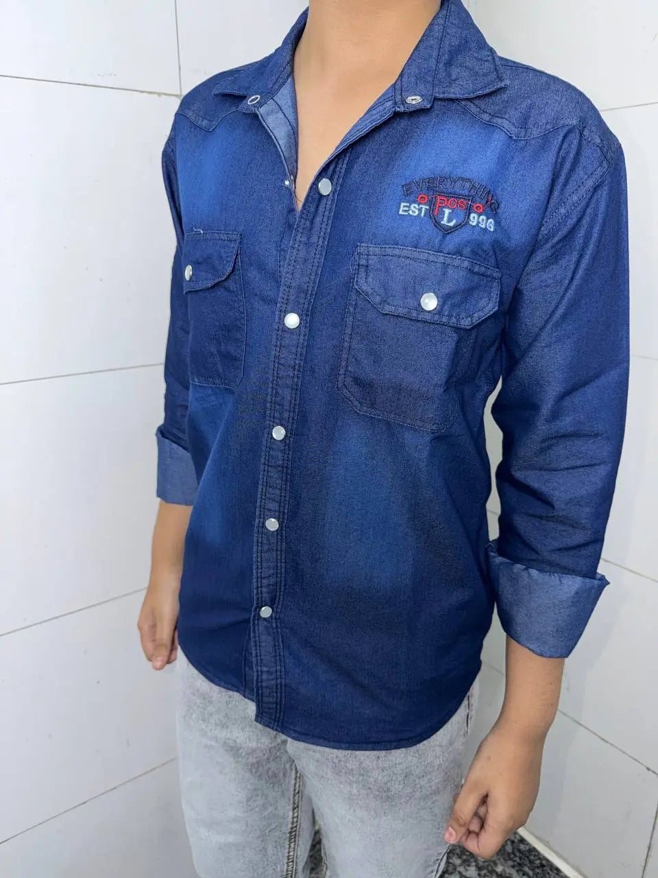 Boys Printed Double Pocket Dark Blue Denim Shirt